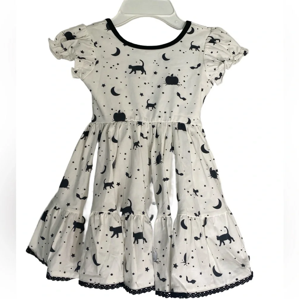 NEW Girl August Boutique‎ Halloween Dress Sz 3 Black/White Pumpkins Cats